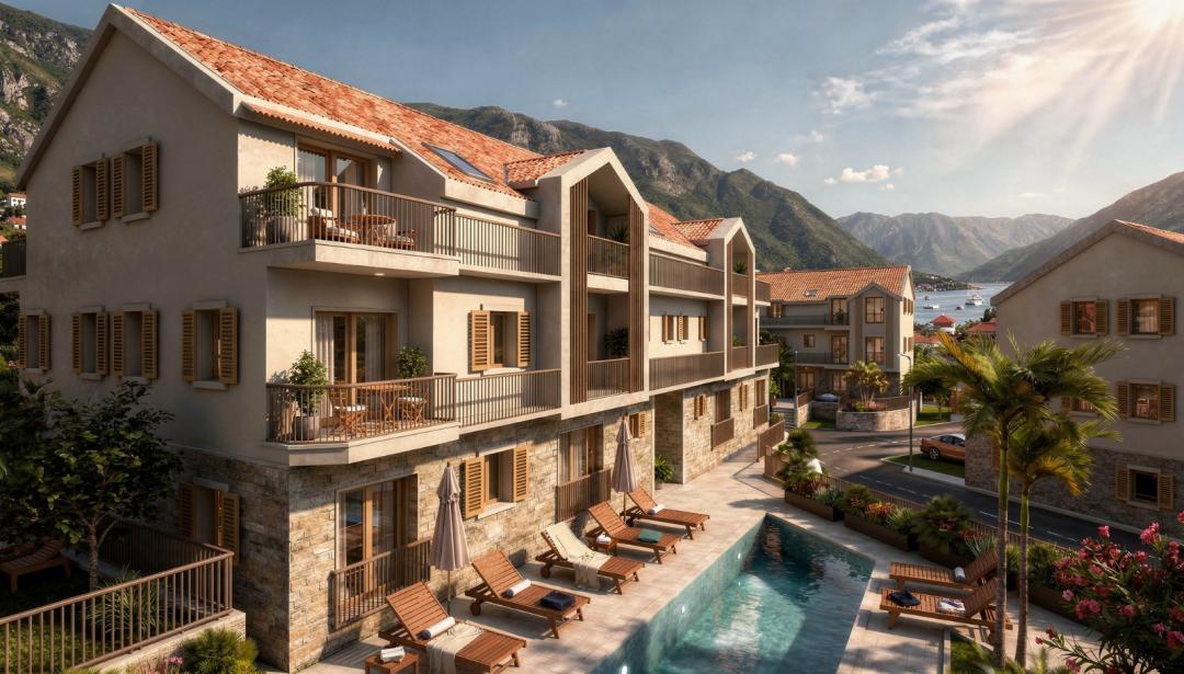 <p>Located in an unspoiled part of nature, near the sea, overlooking the most beautiful bay on the Montenegrin coast.</p><p>The complex consists of three residential buildings, infront of which there is a parking lot. The residential buildings consist of the first floor, second floor and attic. The area of the plot is 2.240 m2.</p><p>The project offers the highest level of comfort, quality and functional living spaces.</p><p>The total number of residential units is 32, 30 of the one bedroom apartments and 2 of them are two bedroom apartments.</p><p>The complex contains all the elements of an exclusive residence as the space in question and the configuration of the land allow. A swimming pool, sauna, smart home system, children's corner and much more are available for luxurious living and vacation.</p><p>On the first floor of the complex, there is a common modern reception for all users of the complex.</p><p>The courtyard of the complex is maximally landscaped and has various facilities for the youngest residents of the future complex, as well as for older users, which will make life in the complex even more comfortable, high quality and pleasant.</p><p>A relaxation corner, a SPA&Wellness center with an exclusive swimming pool with sauna is available to all users in front of the complex.</p><p>In addition to these facilities, there are also seating areas and corner for the youngest residents of the settlement the form of a children's playgorund. The children's playground is quipped with a wide range of entertainment, suitable and safe for children.</p><p>&nbsp;</p><p>&nbsp;</p>